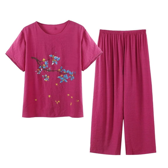 Ruimatai Women's Summer Casual Printed Short Sleeve Top Pants Set Cotton Loungewear Comfy Outfit Home Wear Relaxing Two Piece Outfit