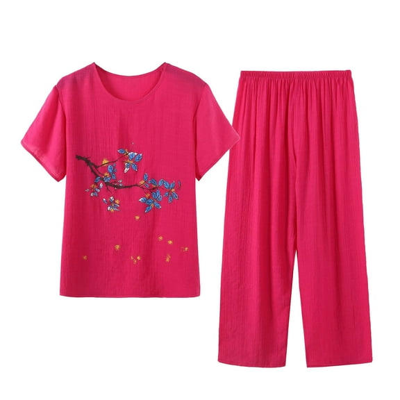 Ruimatai Women's Summer Casual Printed Short Sleeve Top Pants Set Cotton Loungewear Comfy Outfit Home Wear Relaxing Two Piece Outfit