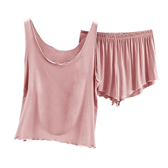 Ruimatai Women's Summer Casual Solid Color V Neck Sleeveless Pajama Set Soft Modal Lounge Wear Tops Shorts Home Outfit Polyester