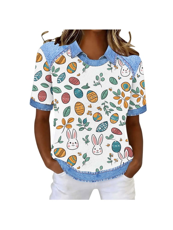 Women's Summer Casual Waffle Knit Top with Easter Print Round Neck Short Sleeve Blouse Soft Comfortable Fashion T-Shirt