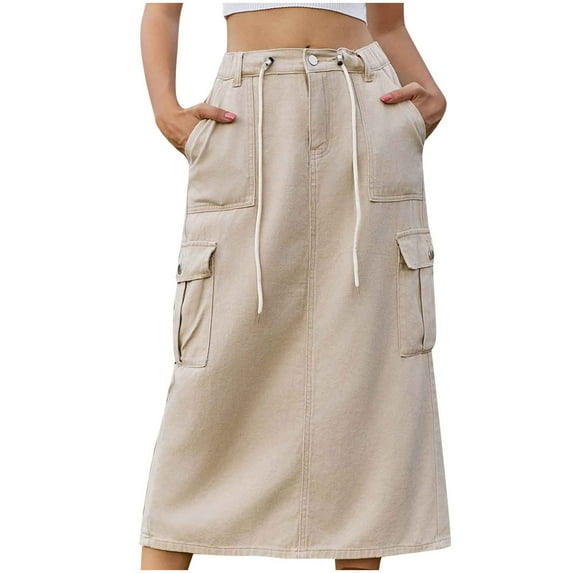 Ruimatai Women's Summer Denim Skirt Casual Solid Color Button Pocket Tie Side Vent Workwear Midi Skirt Comfortable Stretchy Polyester Fashion Skirt for Daily Dating Party