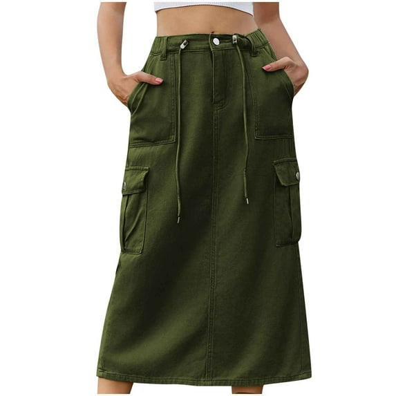 Ruimatai Women's Summer Denim Skirt Casual Solid Color Button Pocket Tie Side Vent Workwear Midi Skirt Comfortable Stretchy Polyester Fashion Skirt for Daily Dating Party