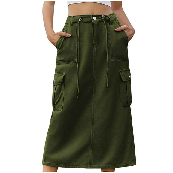 Ruimatai Women's Summer Denim Skirt Casual Solid Color Button Pocket Tie Side Vent Workwear Midi Skirt Comfortable Stretchy Polyester Fashion Skirt for Daily Dating Party