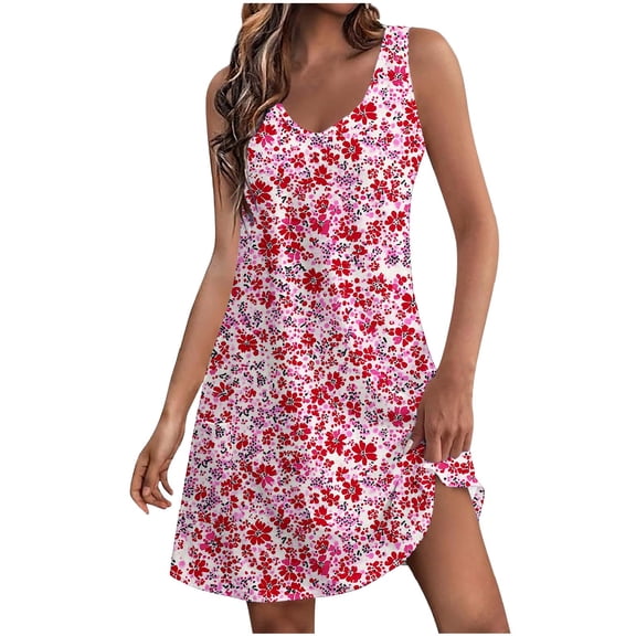 Ruimatai Women's Summer Dress Floral Print Sleeveless Round Neck Casual Pocket Dress for Beach Party Vacation Comfortable Lightweight Polyester