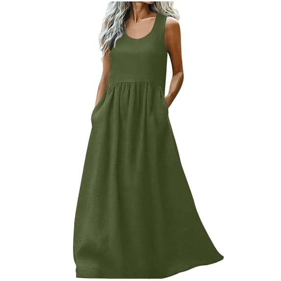 Ruimatai Women's Summer Dress Flowy Backless Sleeveless Side Pocket Waist-Adjustable Long Maxi Dress with Round Neck