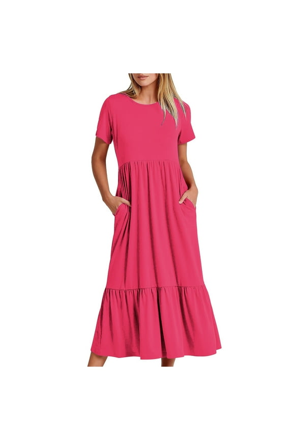 Women's Summer Dress Short Sleeve Crewneck Flowy Tiered Maxi Beach Dress Casual Comfortable with Pockets