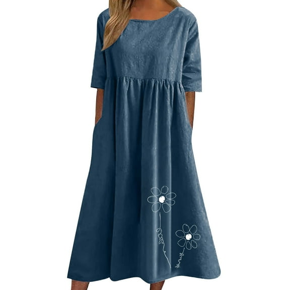 Ruimatai Women's Summer Dress Short Sleeve Round Neck Cotton Linen Casual Flowy Comfortable Printed Floral Sundress