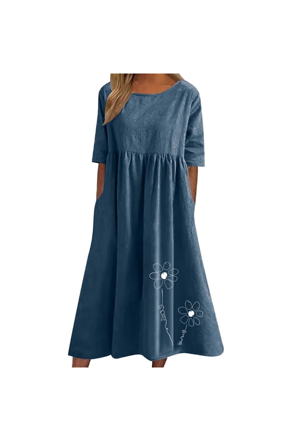 Women's Summer Dress Short Sleeve Round Neck Cotton Linen Casual Flowy Comfortable Printed Floral Sundress