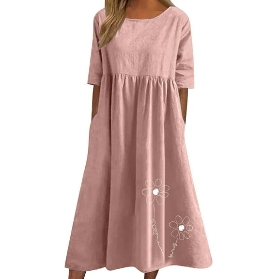 Ruimatai Women's Summer Dress Short Sleeve Round Neck Cotton Linen Casual Flowy Comfortable Printed Floral Sundress