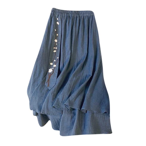 Ruimatai Women's Summer Loose Elastic Waist Skirt Flowy Embroidery Midi Skirt Double Layer Cotton Linen Casual Boho Beach Skirt