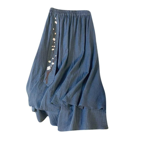 Ruimatai Women's Summer Loose Elastic Waist Skirt Flowy Embroidery Midi Skirt Double Layer Cotton Linen Casual Boho Beach Skirt
