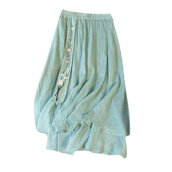 Ruimatai Women's Summer Loose Elastic Waist Skirt Flowy Embroidery Midi Skirt Double Layer Cotton Linen Casual Boho Beach Skirt