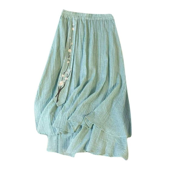 Ruimatai Women's Summer Loose Elastic Waist Skirt Flowy Embroidery Midi Skirt Double Layer Cotton Linen Casual Boho Beach Skirt