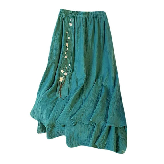 Ruimatai Women's Summer Loose Elastic Waist Skirt Flowy Embroidery Midi Skirt Double Layer Cotton Linen Casual Boho Beach Skirt