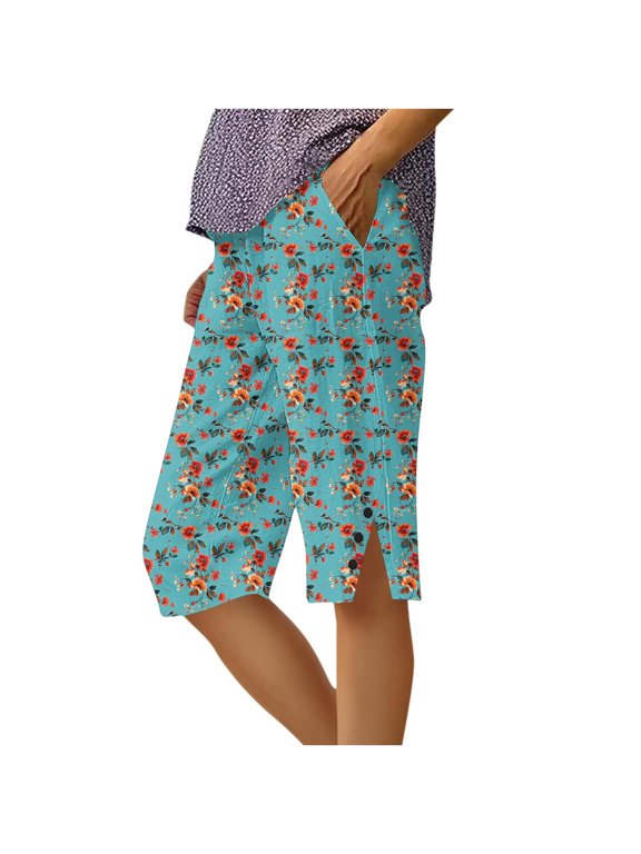 Women's Summer Loose Straight Leg Pants with Pockets Side Slit Buttons Five Quarter Casual Floral Print Comfy Beach Trousers