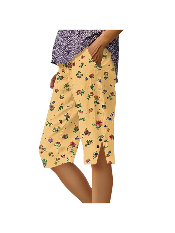 Women's Summer Loose Straight Leg Pants with Pockets Side Slit Buttons Five Quarter Casual Floral Print Comfy Beach Trousers