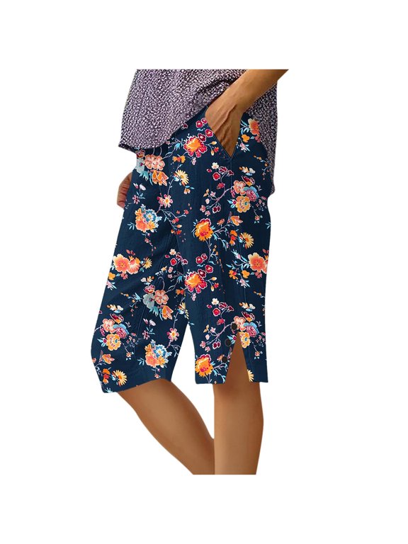 Women's Summer Loose Straight Leg Pants with Pockets Side Slit Buttons Five Quarter Casual Floral Print Comfy Beach Trousers