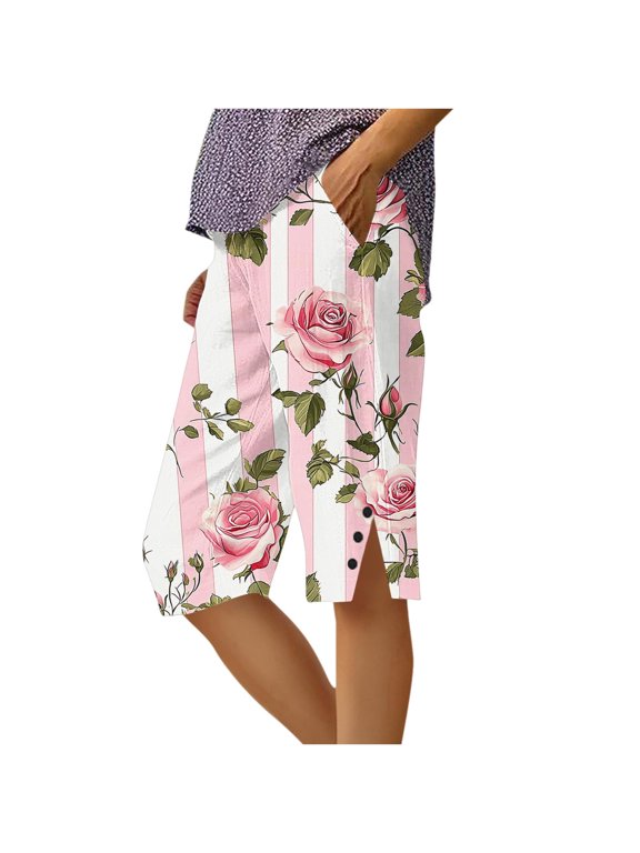 Women's Summer Loose Straight Leg Pants with Pockets Side Slit Buttons Five Quarter Casual Floral Print Comfy Beach Trousers