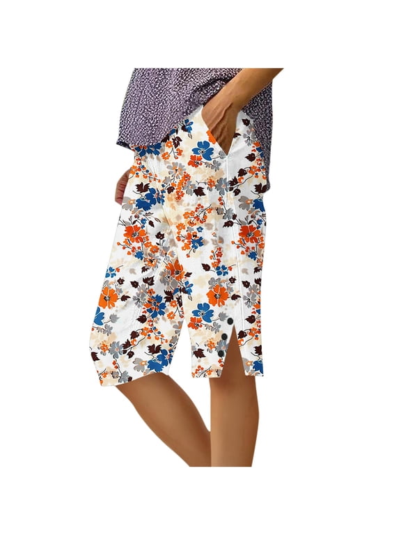 Women's Summer Loose Straight Leg Pants with Pockets Side Slit Buttons Five Quarter Casual Floral Print Comfy Beach Trousers