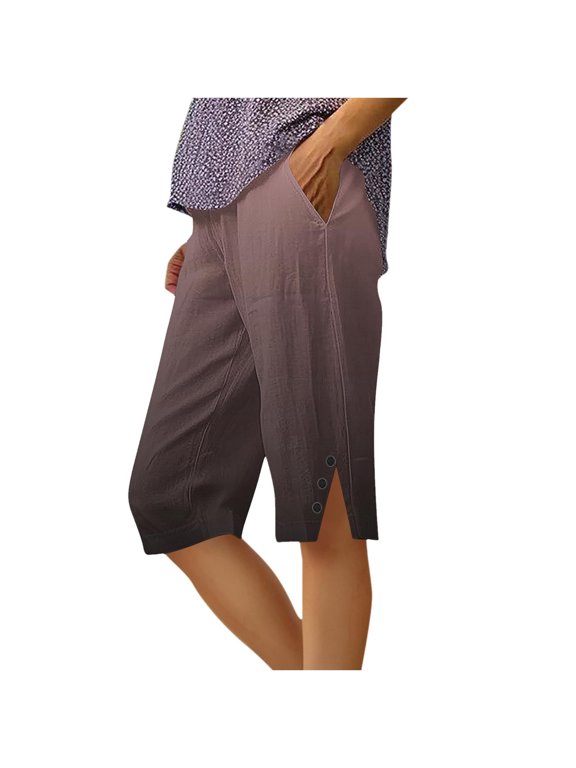 Women's Summer Loose Straight Leg Pants with Pockets Side Slit Buttons Five Quarter Casual Floral Print Comfy Beach Trousers