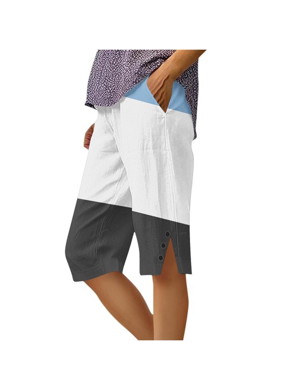 Women's Summer Loose Straight Leg Pants with Pockets Side Slit Buttons Five Quarter Casual Floral Print Comfy Beach Trousers