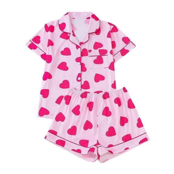 Ruimatai Women's Summer Pajama Set Heart Print Short Sleeve Blouse Shorts Soft Milk Silk Loungewear Casual Comfortable Outfit