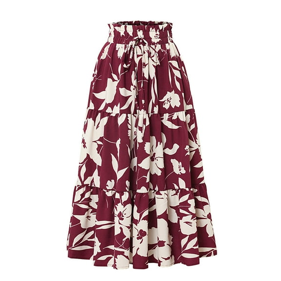 Ruimatai Women's Summer Skirt Casual Floral Print Elastic Waist Midi Skirt Comfortable Stretchy Beach Party Dress Streetwear Vacation Outfit