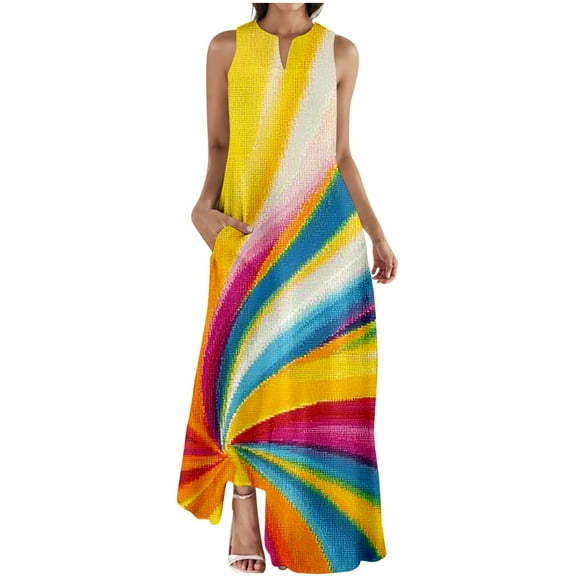 Ruimatai Women's Summer Sleeveless V-Neck Dress Casual Flowy Printed Dress Lightweight Comfortable Polyester Beach Party Dress