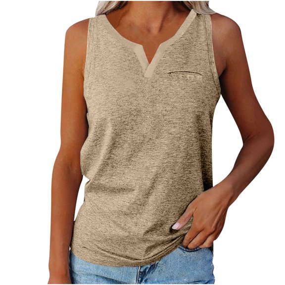 Ruimatai Women's Summer Sleeveless V-Neck Pocket Tee Casual Comfortable Solid Color Tops
