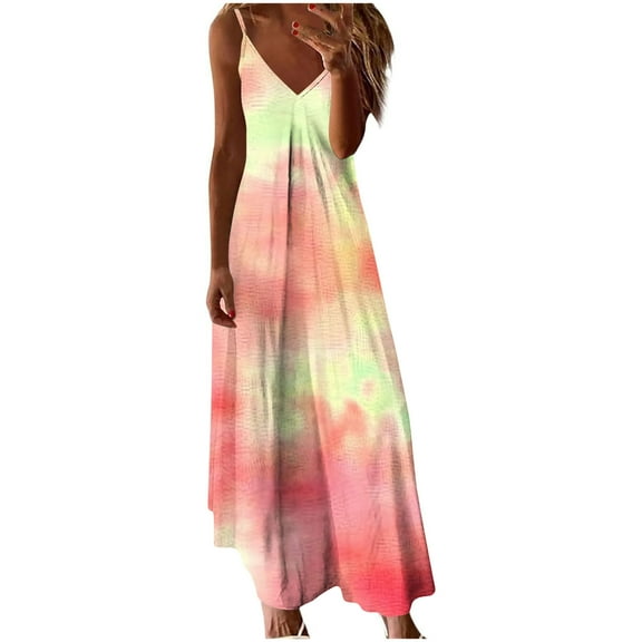 Ruimatai Women's Summer Tie Dye Print Beach Sleeveless Round Neck Dress Casual Flowy Party Sundress Soft Breathable Polyester Spandex