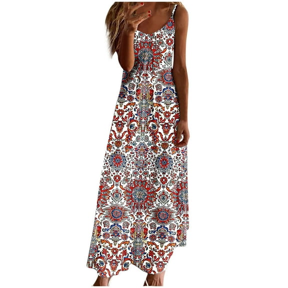 Ruimatai Women's Summer Crew Neck Sleeveless Dress Casual Flowy Long Sundress Beach Vacation Floral Print Lightweight Comfortable Sizes S-XXXL