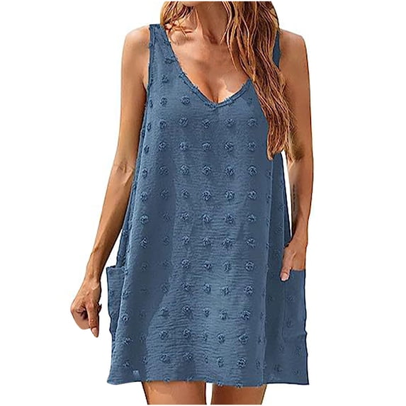 Ruimatai Women's Summer Crew Neck Strap Dress Beach Cover Up Casual Sleeveless Ruffle Skirt with Pockets for Vacation Party