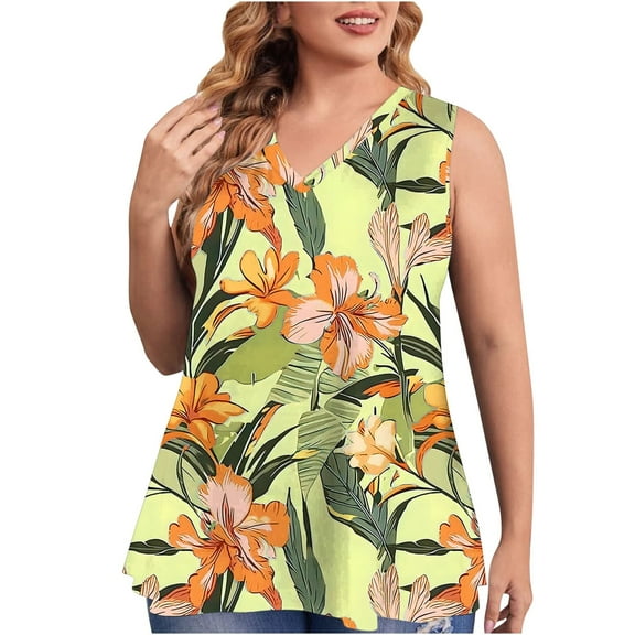 Ruimatai Women's T-Shirt Casual Sleeveless V-Neck Pullover Blouse Summer Loose Fit Printed Top Plus Size Fashion Tee