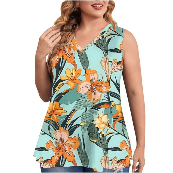Ruimatai Women's T-Shirt Casual Sleeveless V-Neck Pullover Blouse Summer Loose Fit Printed Top Plus Size Fashion Tee