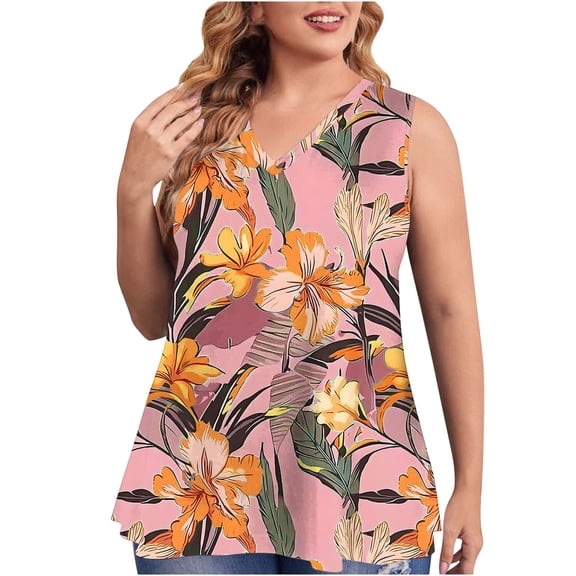 Ruimatai Women's T-Shirt Casual Sleeveless V-Neck Pullover Blouse Summer Loose Fit Printed Top Plus Size Fashion Tee