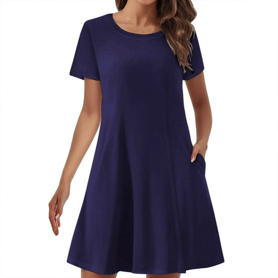 Ruimatai Women's T-Shirt Dress Summer Casual Short Sleeve Round Neck Pocket Dress Comfortable Stretchy Flowy Tunic Top
