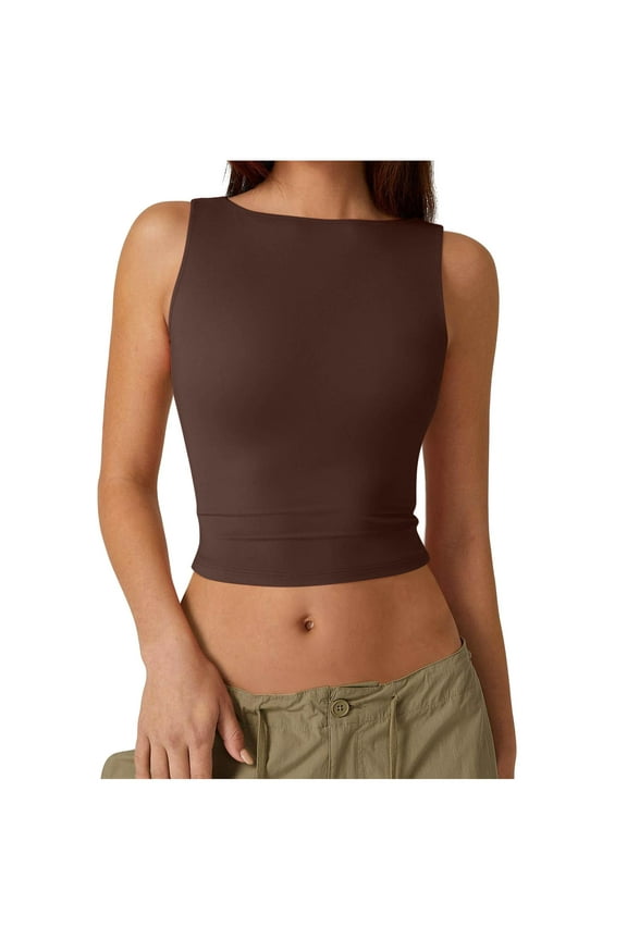 Women's Tank Top Solid Open Back Round Neck Sleeveless Blouse Casual Summer Fashion Tops Comfortable Stretchy Lightweight