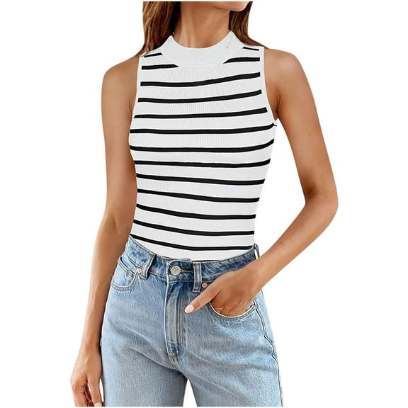 Ruimatai Women's Tank Tops Sleeveless Striped Summer Shirts High Neck Casual Tops Breathable Comfortable Stretchy Fit for Women