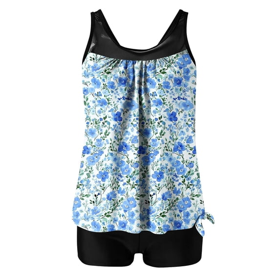 Ruimatai Women's Tankini Swimsuit High Waisted Two Piece with Removable Bra, Vintage Printed Modest Bathing Suit for Beach and Pool