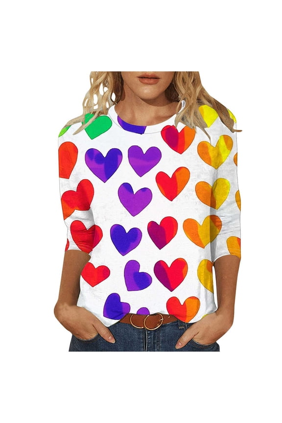 Women's Tops Casual Heart Printed 3/4 Sleeve Round Neck Blouse Loose Fit Comfortable Everyday Top