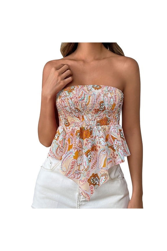 Women's Tops Off Shoulder Ruched Waist Print Sleeveless Blouse Flattering Casual Summer Top