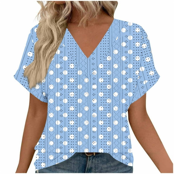 Ruimatai Women's Tops V-Neck Loose Fit Jacquard Dot Print Short Sleeve T-Shirt Comfortable Casual Fashion Top for Daily Wear