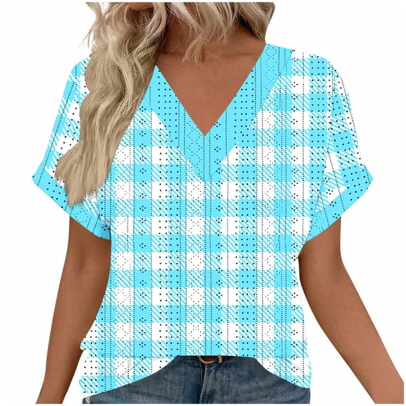 Ruimatai Women's Tops V-Neck Loose Fit Short Sleeve Blouse with Floral Jacquard and Polka Dot Print for Casual Comfort