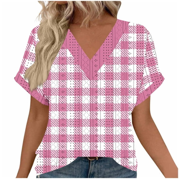 Ruimatai Women's Tops V-Neck Loose Fit Short Sleeve Blouse with Floral Jacquard and Polka Dot Print for Casual Comfort