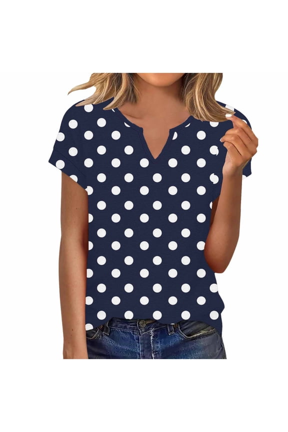 Women's Tops V-Neck Short Sleeve Blouse Polka Dot Print Casual Soft Breathable Summer Top