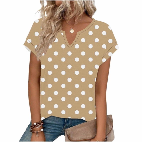 Ruimatai Women's Tops V-Neck Short Sleeve Blouse Polka Dot Print Casual Soft Breathable Summer Top