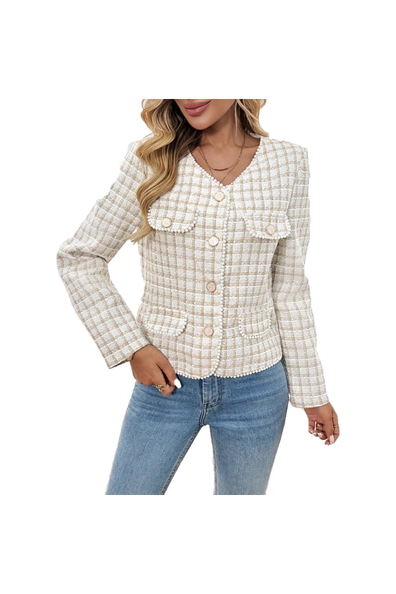 Women's Tweed Cropped Blazer Jacket Pearl Accent Long Sleeve Button Front Pocket Elegant Office Casual Outerwear Coat