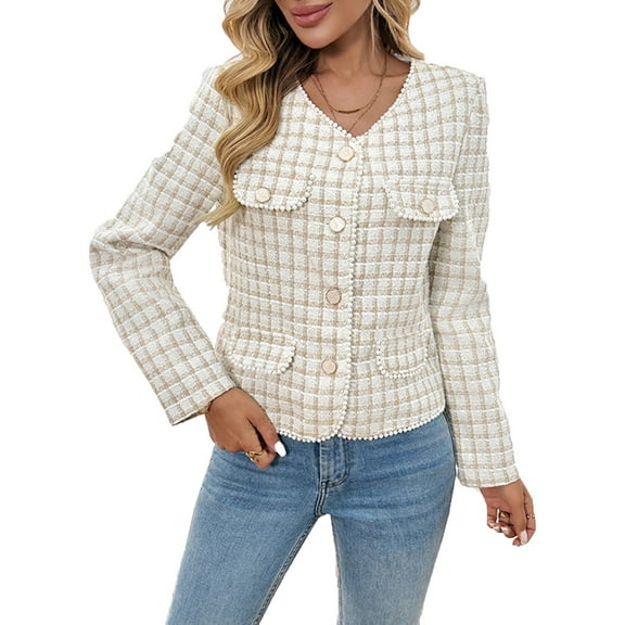 Ruimatai Women's Tweed Cropped Blazer Jacket Pearl Accent Long Sleeve Button Front Pocket Elegant Office Casual Outerwear Coat