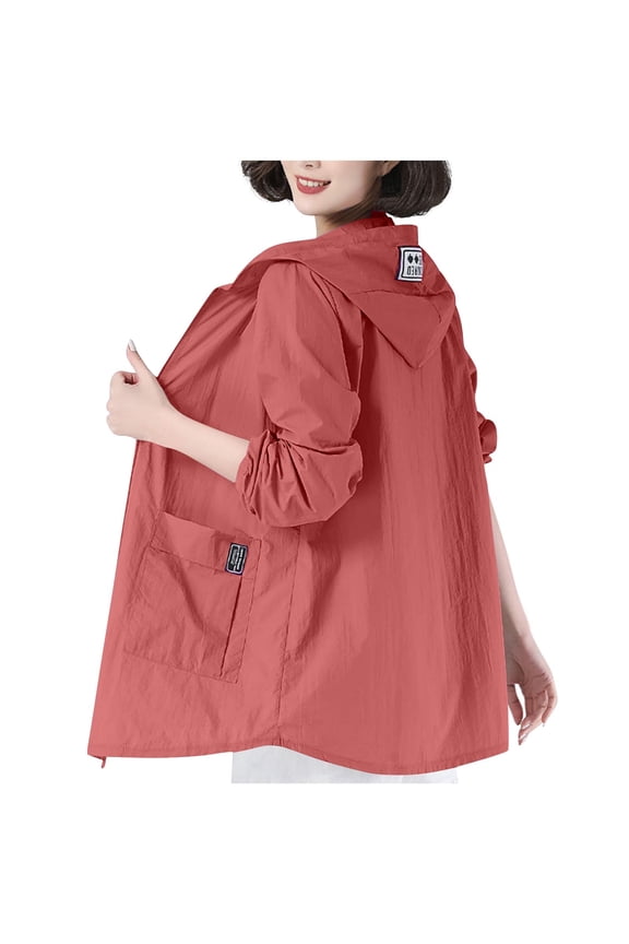 Women's UPF Sun Protection Hooded Jacket Long Sleeve Lightweight Zippered Pocket Casual Outdoor Windbreaker Fashion Tops