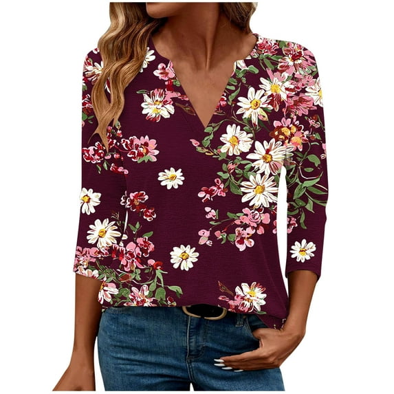 Ruimatai Women's V Neck 3/4 Sleeve Blouse Casual Loose Fit Printed T-Shirt Top Fashion Flowy Comfortable Polyester Shirt for Spring Summer